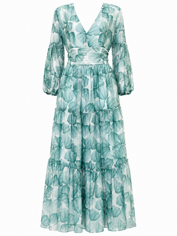 【新品DRESS 188】花柄バックリボンフレアロングドレス グリーン【ANONYME】